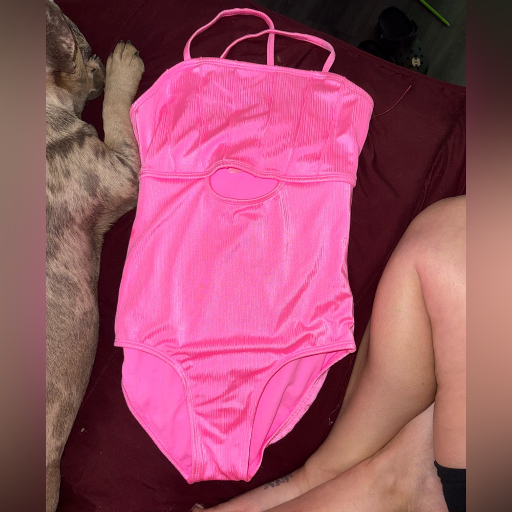 Girls Hot Pink Ribbed One-Piece Swimsuit - Size L (10/12)